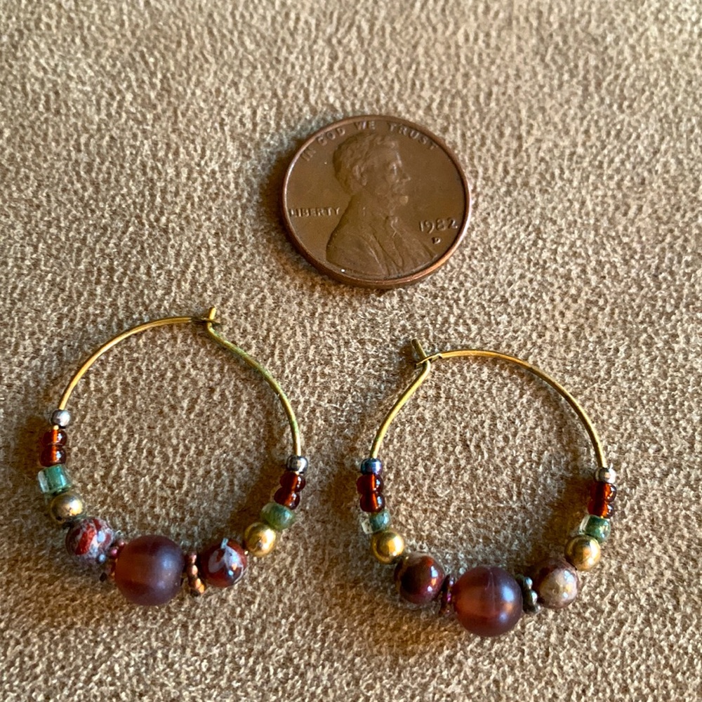 Vintage Earthtone Beaded Hoop Earrings - Picture 2 of 3